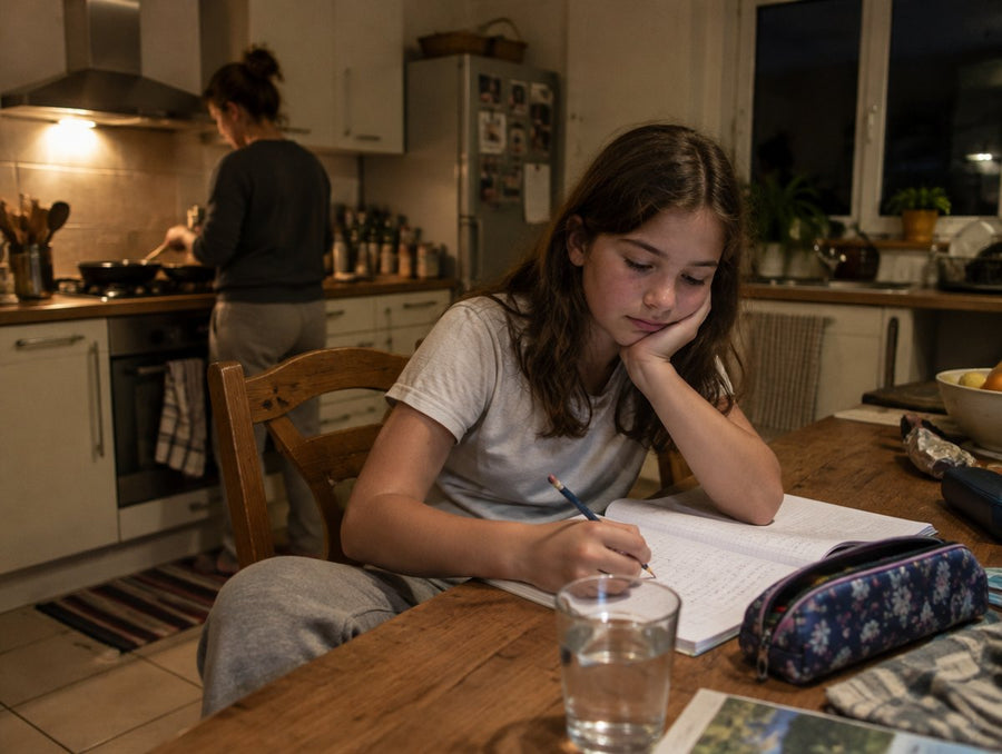 Le soir, une fille fait ses devoirs dans la cuisine