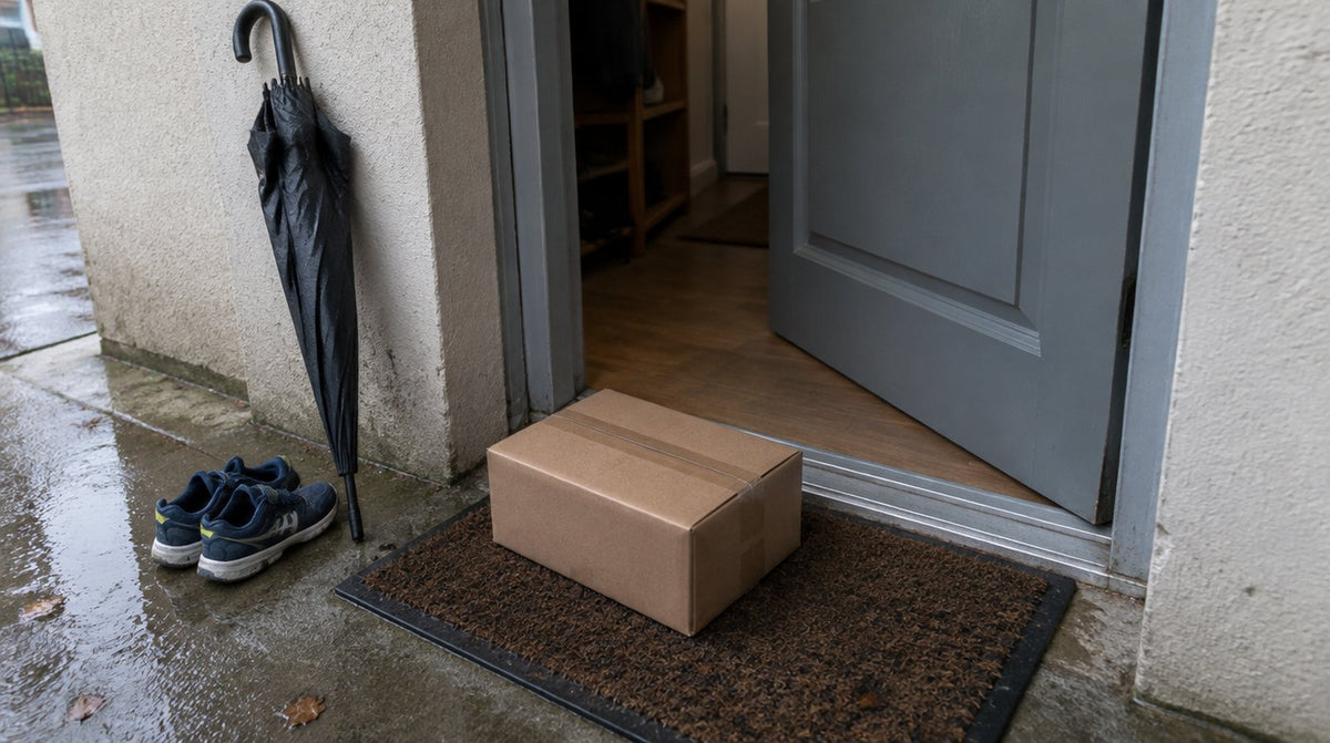 Un colis en carton devant la porte d'un appartement, un jour de pluie