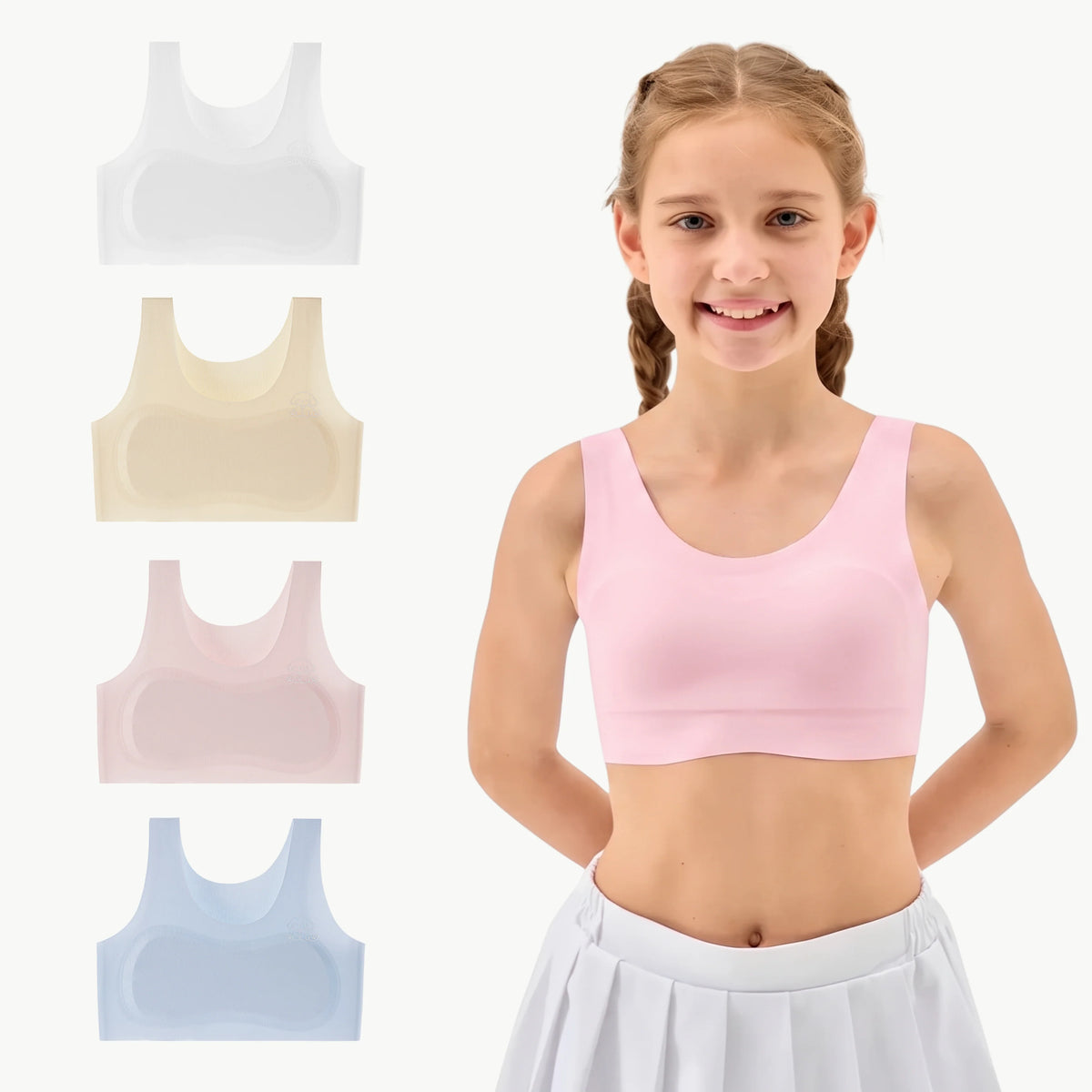 La Première Brassière portée, coloris Rose, de face, avec les quatre coloris