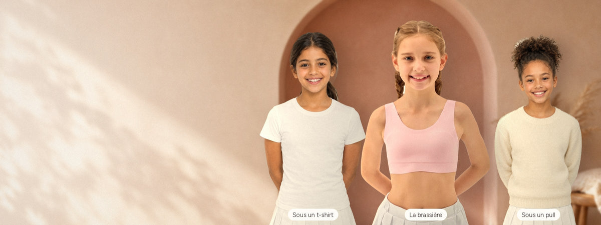 Trois filles souriantes : au centre en brassière, à gauche en t-shirt, à droite en pull