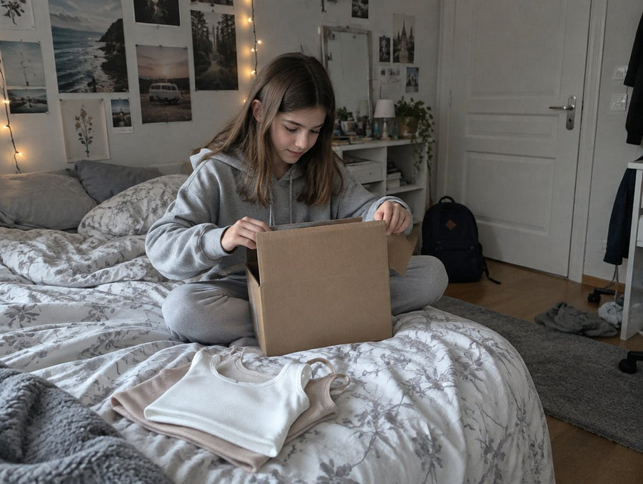 Dans sa chambre, une fille ouvre seule le colis de ses brassières