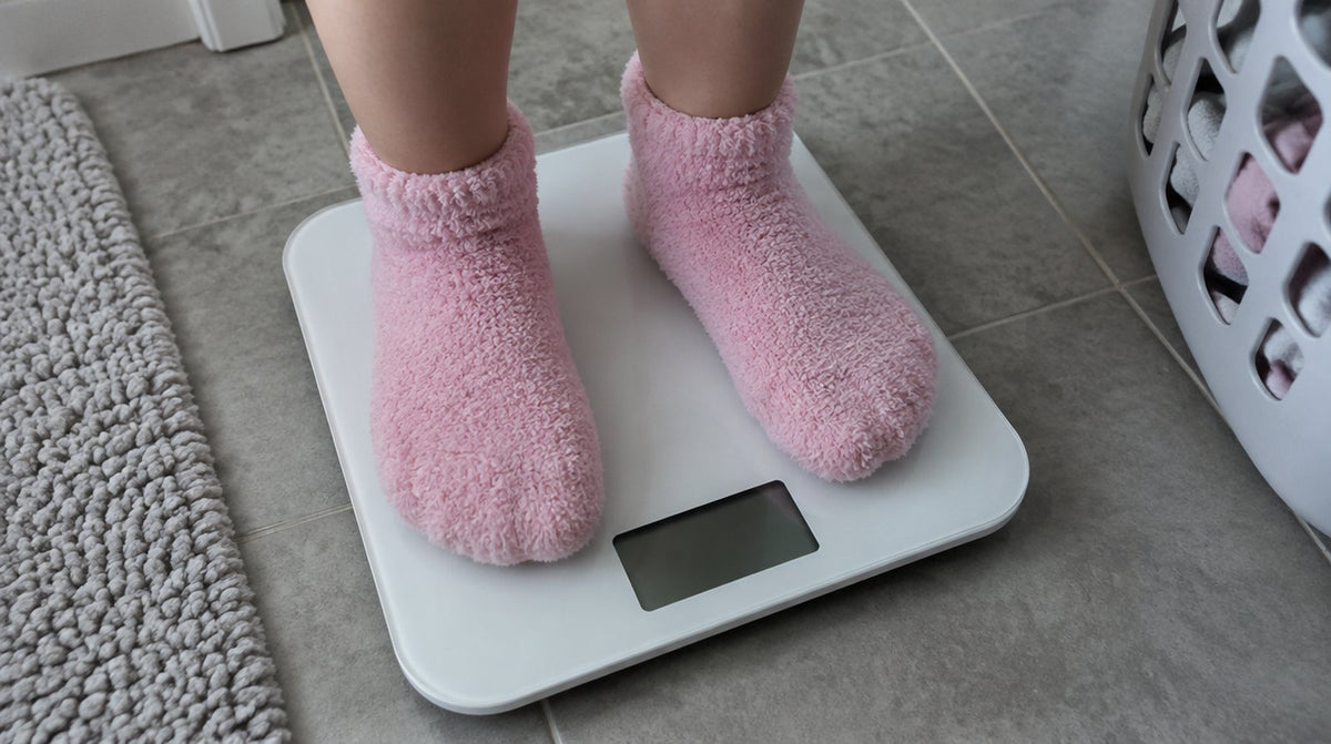 Des pieds en chaussettes roses sur un pèse-personne