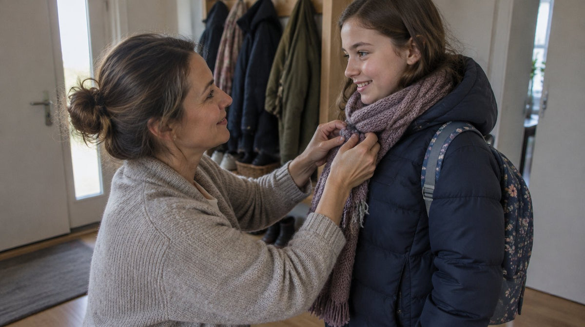 Le matin, une mère noue l'écharpe de sa fille avant l'école